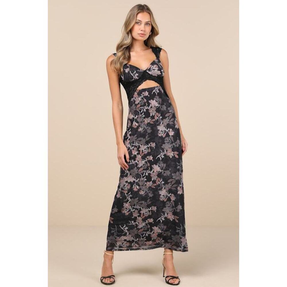 Lulus Endlessly Cute Black Floral Mesh Cutout Lace Bustier Maxi Dress
